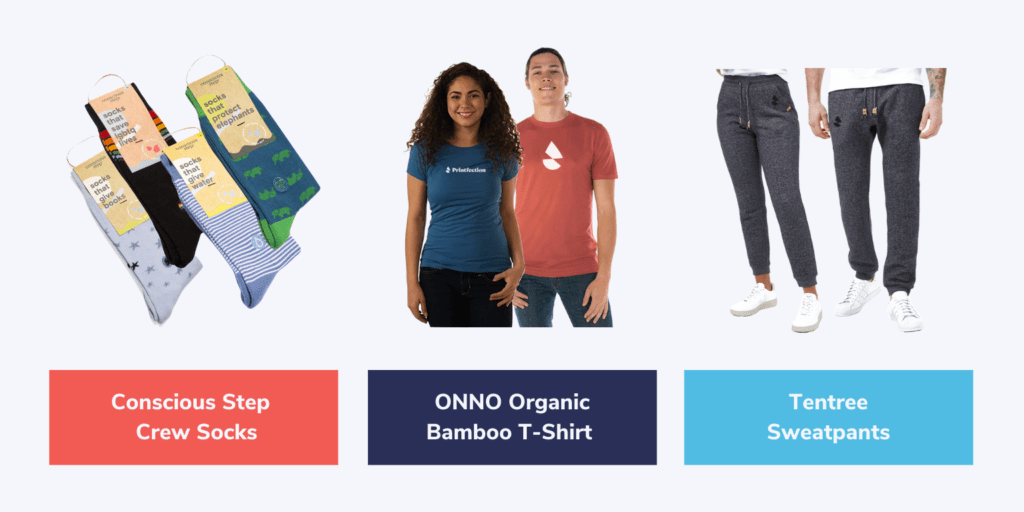 sustainable apparel swag featuring conscious step crew socks, ONNO organic bamboo t-shirts, and tentree sweatpants